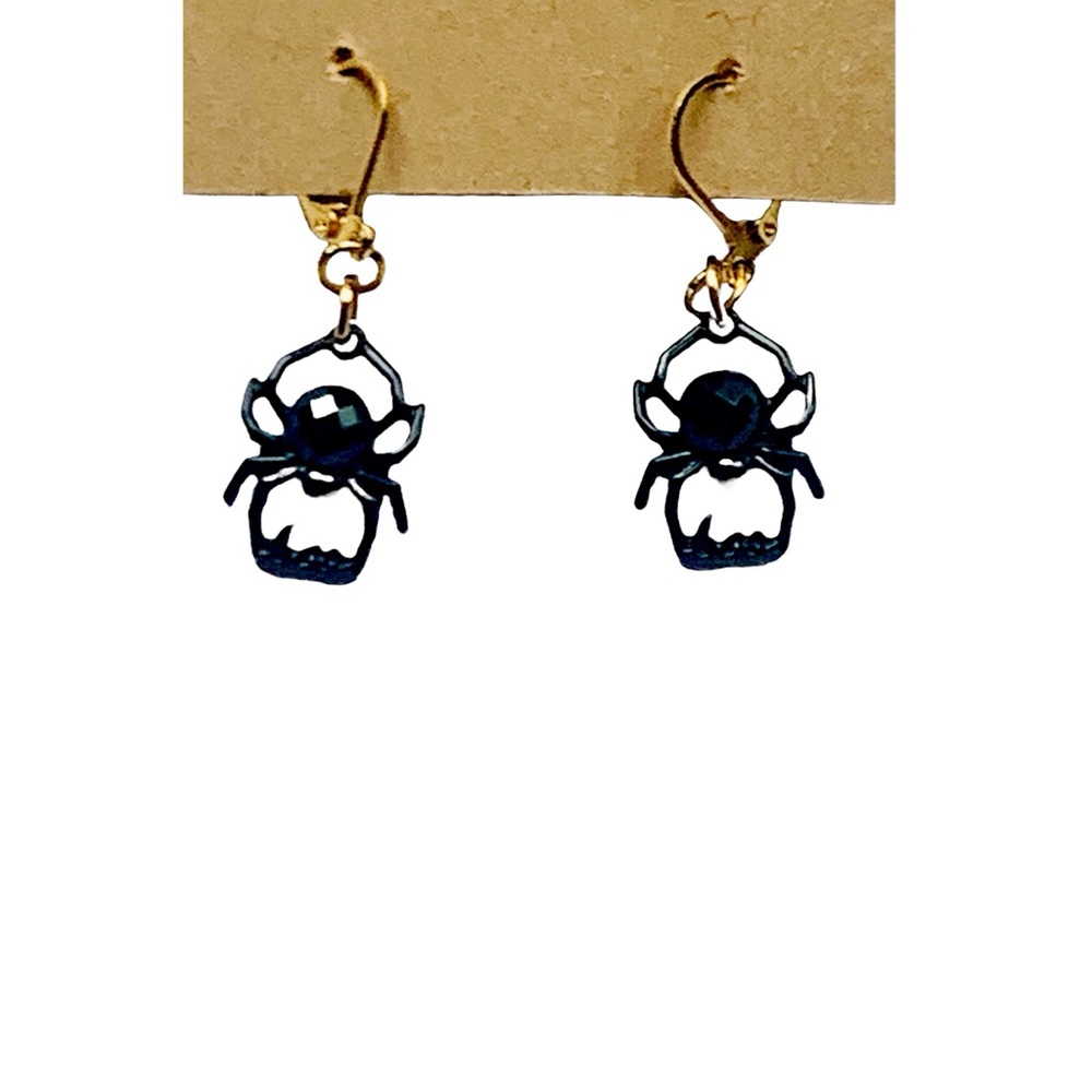 Black Spider Lever Back Dangle Earrings - Picture 2 of 2